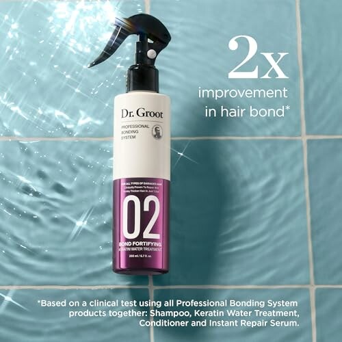 Dr. Groot bonding spray on blue tile with text '2x improvement in hair bond'.